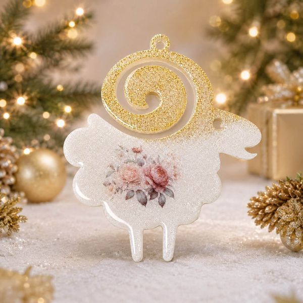 Handmade epoxy resin goat Christmas ornament created with alcohol ink techniques