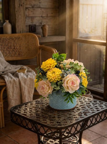 Soap flower arrangement with roses and gerberas styled in a bright bedroom interior