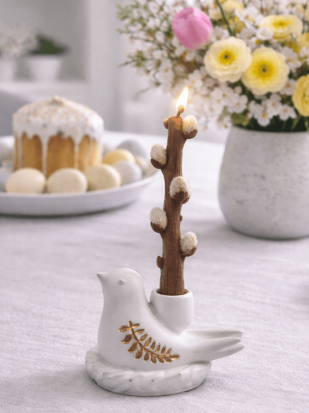 Desire Art "Bird": decorative willow candle with catkins in a sculptural plaster bird holder &mdash; spring Easter decor handmade Ukraine